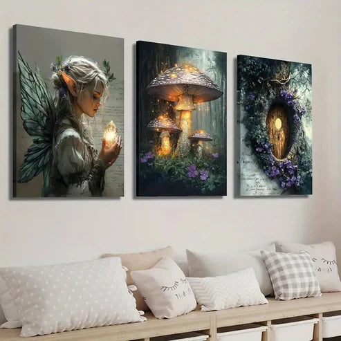 3pcs Fairy Girl and Mysterious Forest Mushrooms Wall Art Set Canvas Unframed - High Quality Print 100% Australian Made Wall Canvas