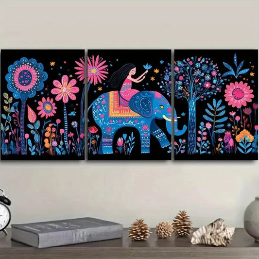 3pcs Elephant and Baby, Luxurious Metal Print Ready to Hang Art