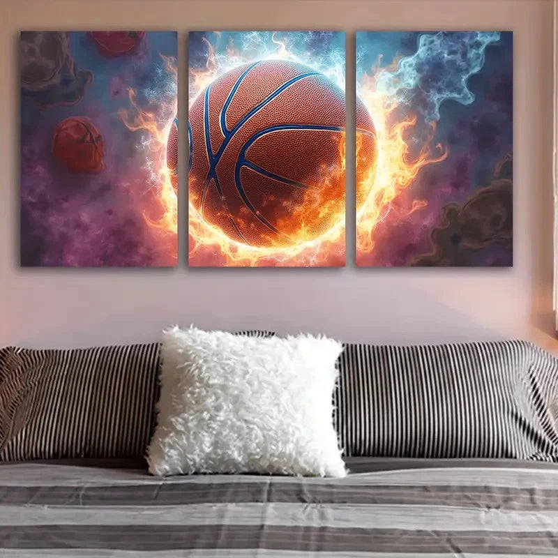 3pcs Black Flame Basketball With Fiery Design Wall Art Set Canvas Framed 60x90cm - High Quality Print 100% Australian Made Wall Canvas Ready to Hang - Bella Home Decor
