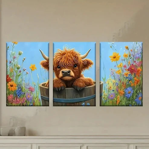 3pcs Highland Cows in Vibrant Flower Fields Wall Art Set Canvas Unframed - High Quality Print 100% Australian Made Wall Canvas