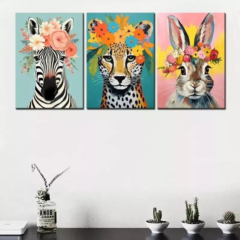 3pcs Leopard Zebra Rabbit Pictures Funny Animals Wall Art Set Canvas Framed 50x70cm - High Quality Print 100% Australian Made Wall Canvas Ready to Hang