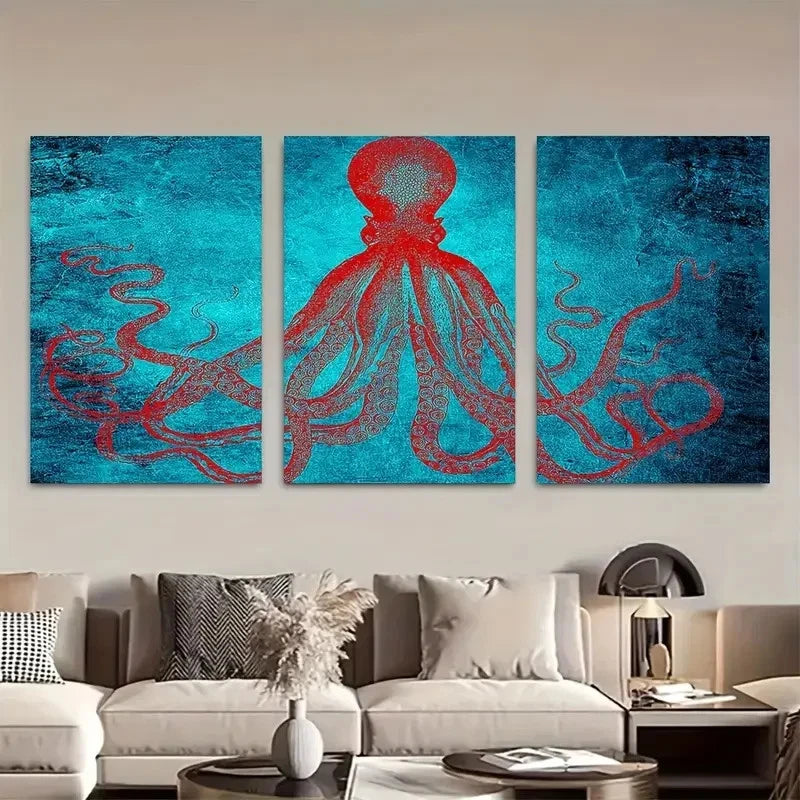 3pcs Blue & Red Kraken Artwork Metal Print Ready to Hang Art - Bella Home Decor