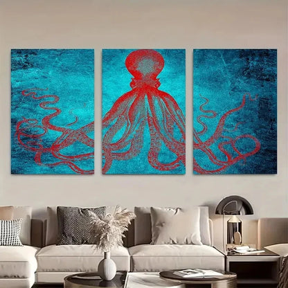 3pcs Blue & Red Kraken Artwork Metal Print Ready to Hang Art - Bella Home Decor