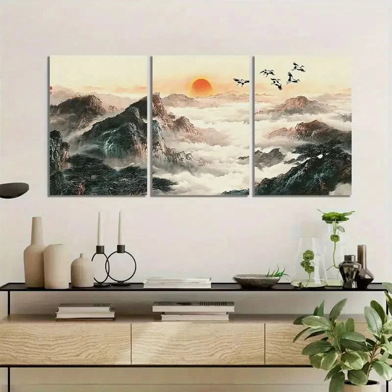 3pcs Chinese Landscape with Mountains And Clouds Metal Print Ready to Hang Art - Bella Home Decor