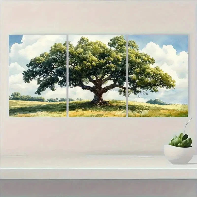 3pcs Oak Tree Watercolor Print Green Tree Metal Print Ready to Hang Art - Bella Home Decor