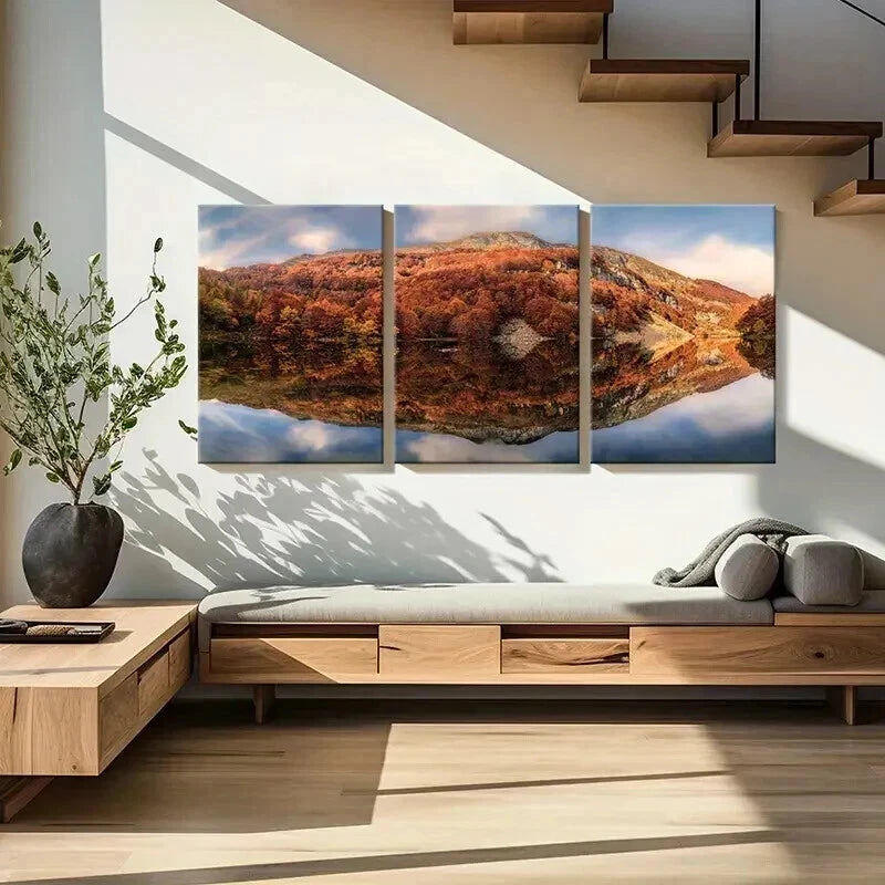 3pcs Autumn Forest Mountains & Reflections Wall Art Set Canvas Framed 60x90cm - High Quality Print 100% Australian Made Wall Canvas Ready to Hang - Bella Home Decor