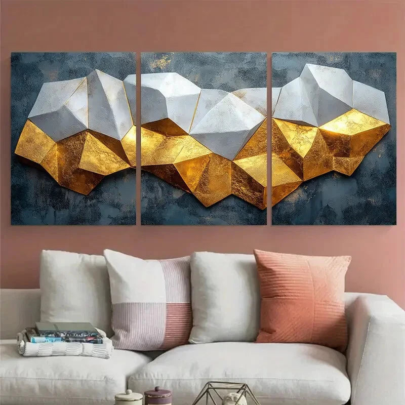 3pcs Modern Geometric White Golden Design Metal Print Ready to Hang Art - Bella Home Decor