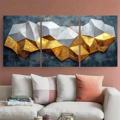 3pcs Modern Geometric White Golden Design Metal Print Ready to Hang Art - Bella Home Decor