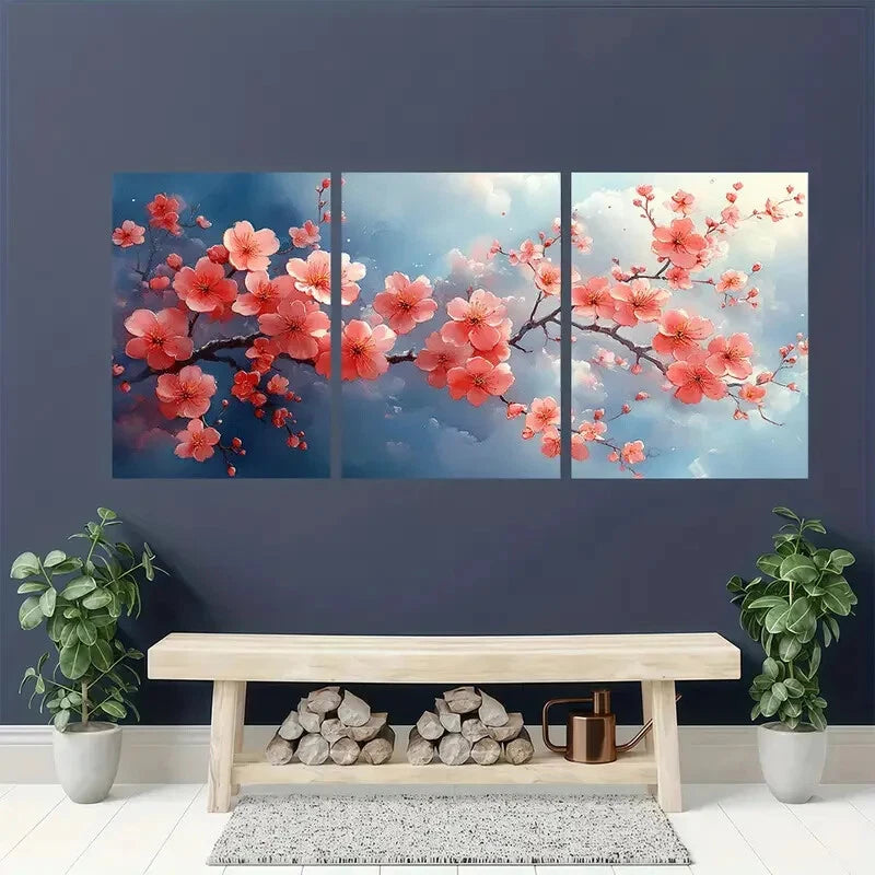 3pcs Pink Flowers & Blooming Tree Design Metal Print Ready to Hang Art - Bella Home Decor