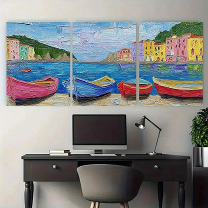 3pcs Pastel Row Boats in an Italian Fishing Metal Print Ready to Hang Art - Bella Home Decor