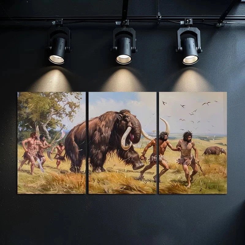 3pcs Prehistoric Hunting Scene Ancient Humans Metal Print Ready to Hang Art