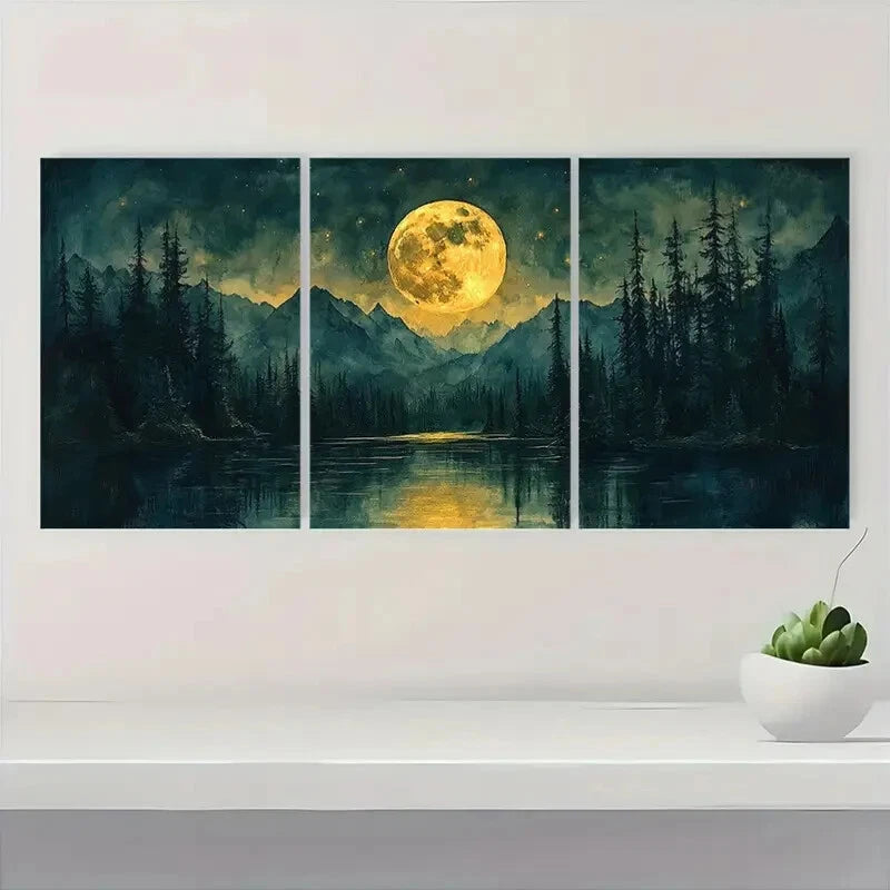 3pcs Watercolor Night Sky Forest & Lake Landscape Metal Print Ready to Hang Art - Bella Home Decor