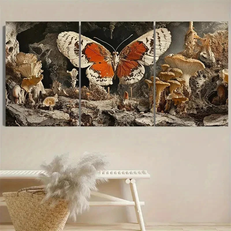 3pcs Bohemian Butterfly & Mushroom Wall Art Set Canvas Framed 60x90cm - High Quality Print 100% Australian Made Wall Canvas Ready to Hang - Bella Home Decor