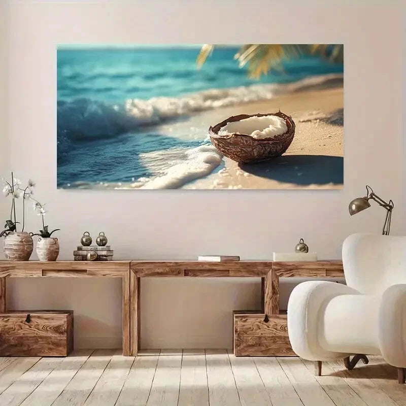 Beach with Coconut Shells wall canvas office home room framed 120x60cm - Bella Home Decor