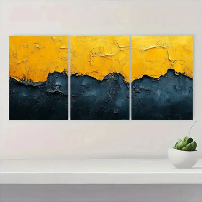 3pcs Abstract Yellow & Black Minimalist Textured Metal Print Ready to Hang Art - Bella Home Decor