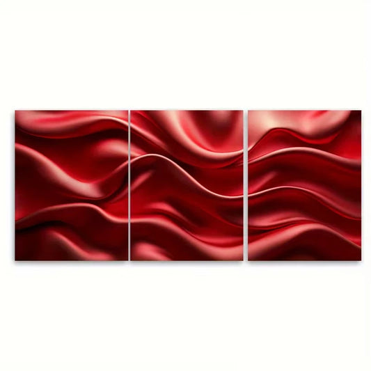 3pcs Red Satin Silk Waves Render Metal Print Ready to Hang Art - Bella Home Decor