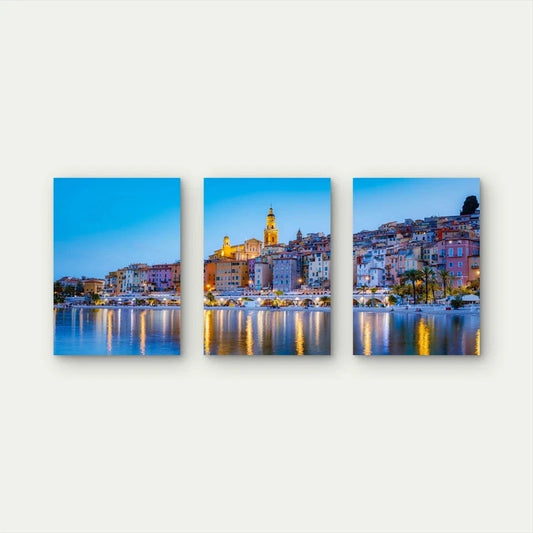 3pcs Mediterranean Village After Sunset Glow Wall Art Set Canvas Framed 40x60cm - High Quality Print 100% Australian Made Wall Canvas Ready to Hang