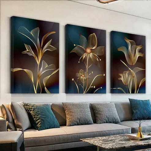 3pcs Vintage Wall Art Abstract Golden Flower Wall Art Set Canvas Unframed - High Quality Print 100% Australian Made Wall Canvas