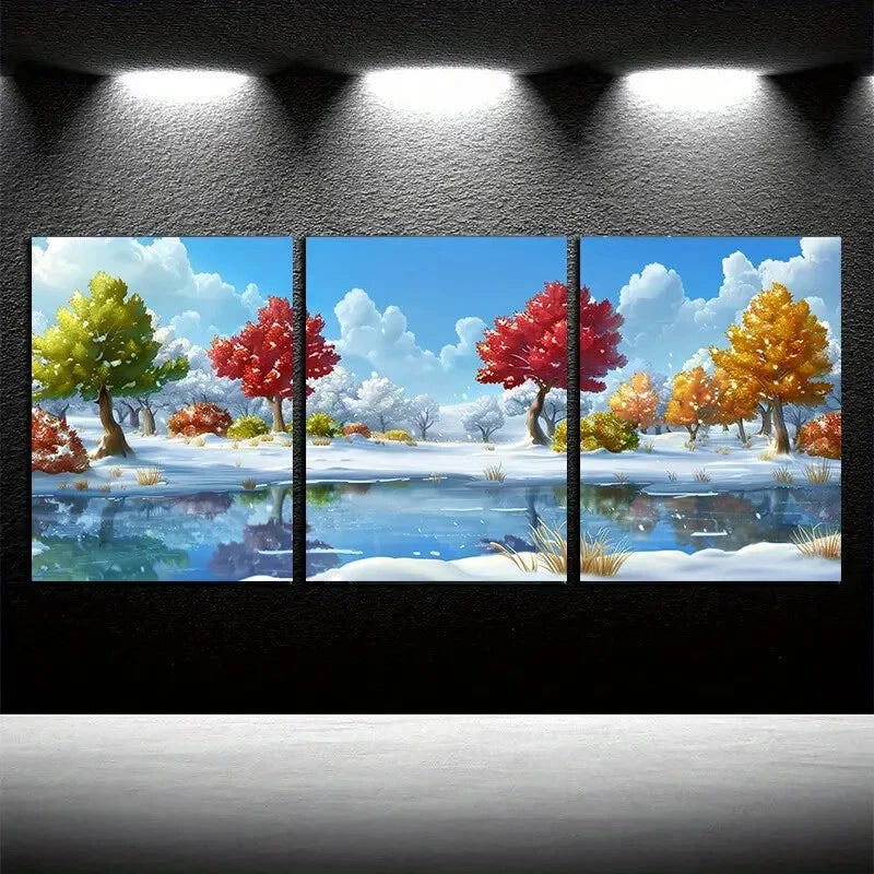 3pcs Serene Trees & Clear Water Bodies Design Metal Print Ready to Hang Art - Bella Home Decor