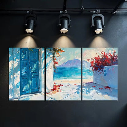 3pcs Charming Greek Beach Scene Wall Art Set Canvas Framed 60x90cm - High Quality Print 100% Australian Made Wall Canvas Ready to Hang - Bella Home Decor