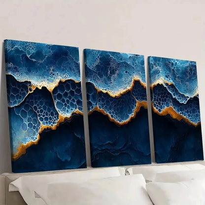 3pcs Shades of Indigo & Honeycomb Design Q Wall Art Set Canvas Framed 60x90cm - High Quality Print 100% Australian Made Wall Canvas Ready to Hang