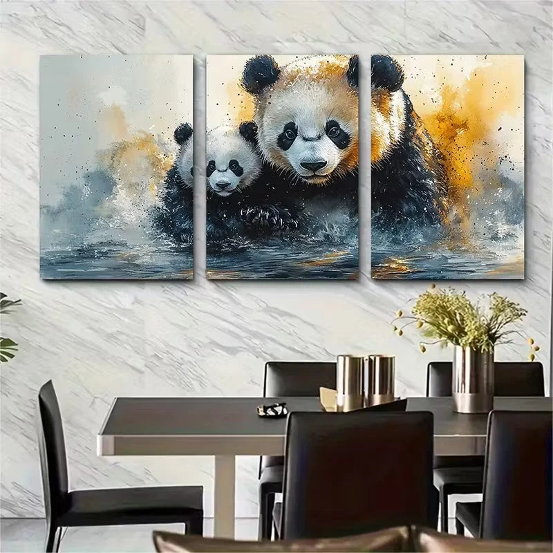 3pcs Mother Panda Cub Watercolor Metal Print Ready to Hang Art