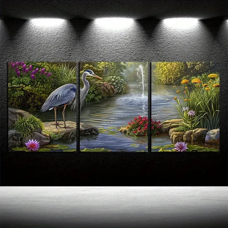 3pcs Vibrant Heron in Tranquil Pond Scene Metal Print Ready to Hang Art