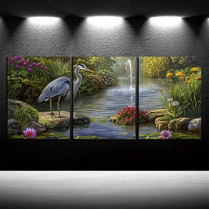 3pcs Vibrant Heron in Tranquil Pond Scene Metal Print Ready to Hang Art