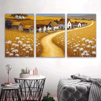 3pcs Country Road with Houses & Wildflowers Wall Art Set Canvas Framed 40x60cm - High Quality Print 100% Australian Made Wall Canvas Ready to Hang - Bella Home Decor