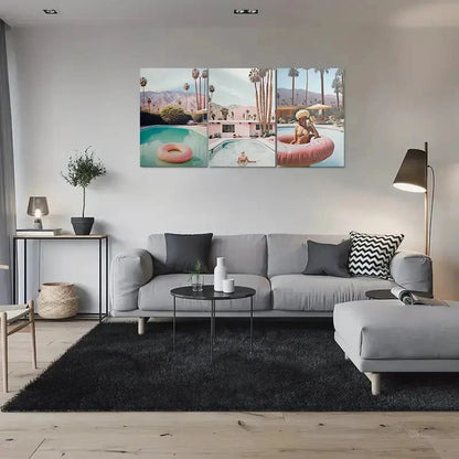 3pcs Vibrant Palm Springs Poolside Metal Print Ready to Hang Art
