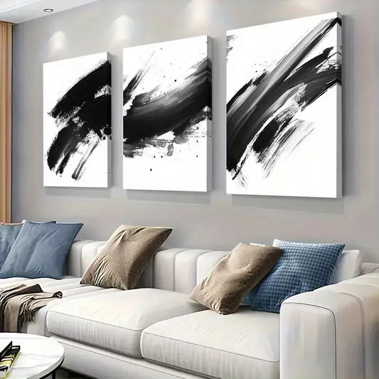 3pcs Black and White Abstract Brushstroke Art Set Canvas Framed 50x70cm - High Quality Print 100% Australian Made Wall Canvas Ready to Hang