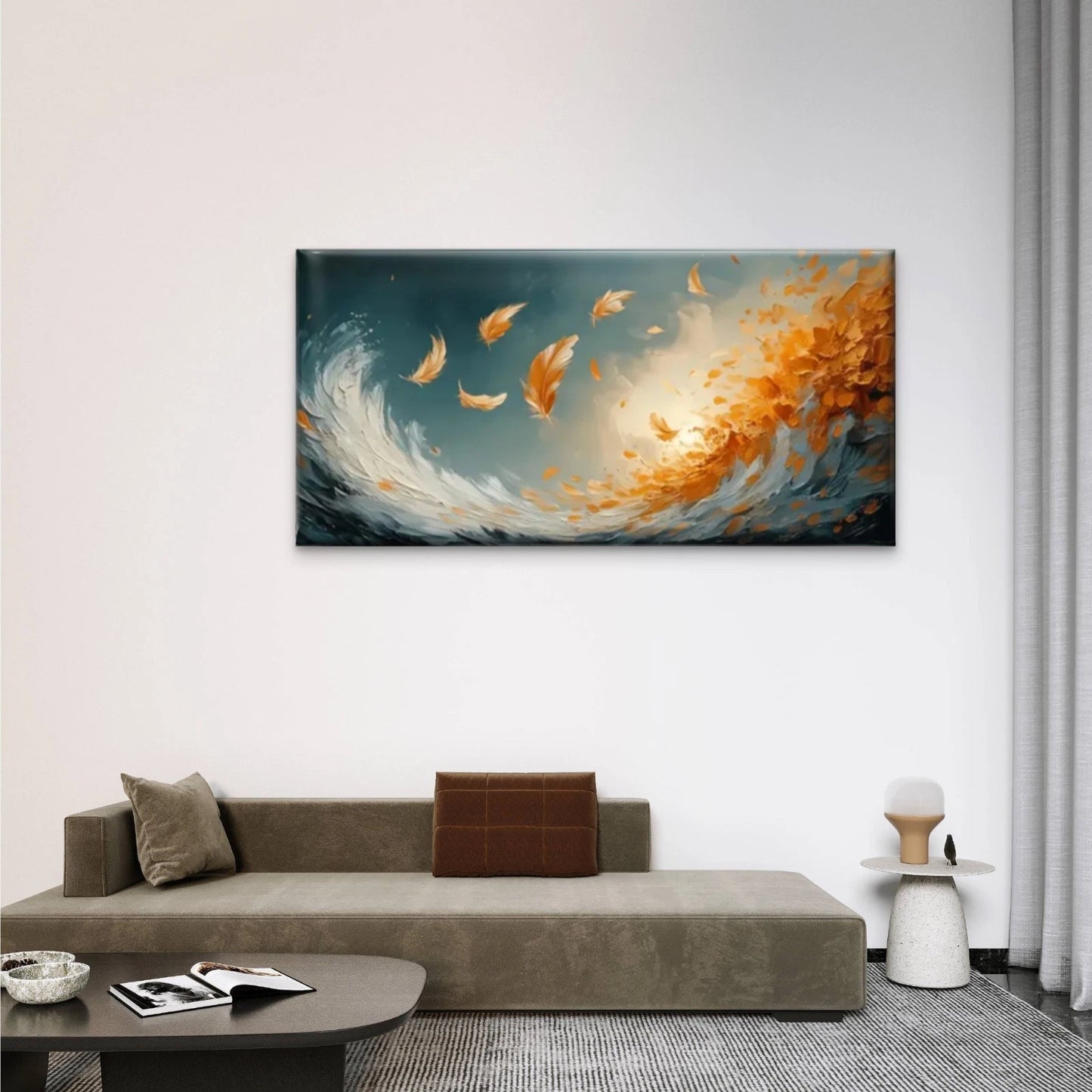 Waves Orange Feathers Wall Art Canvas Office Home Room Framed 120x60cm