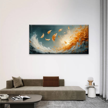 Waves Orange Feathers Wall Art Canvas Office Home Room Framed 120x60cm