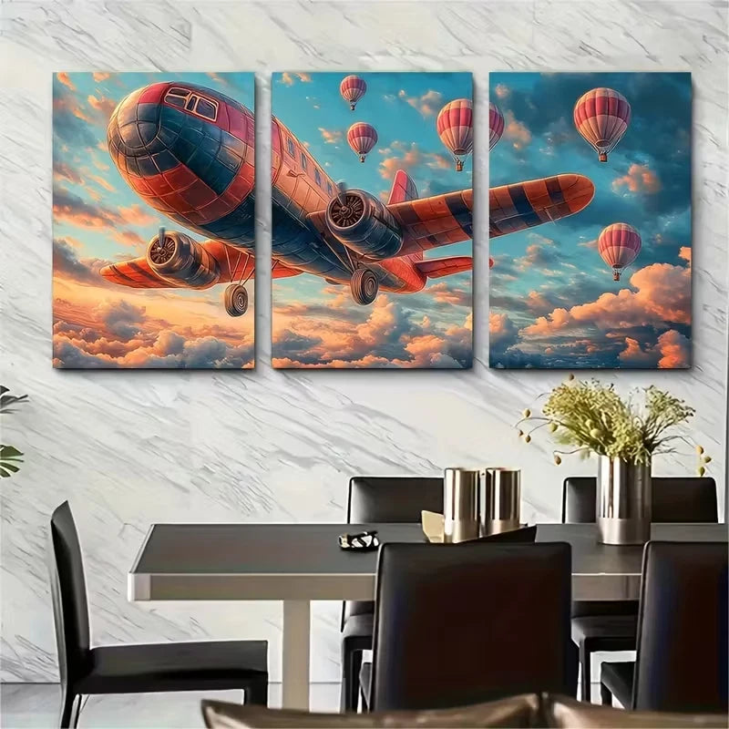 3pcs Dreamy Balloon Airplane Metal Print Ready to Hang Art - Bella Home Decor