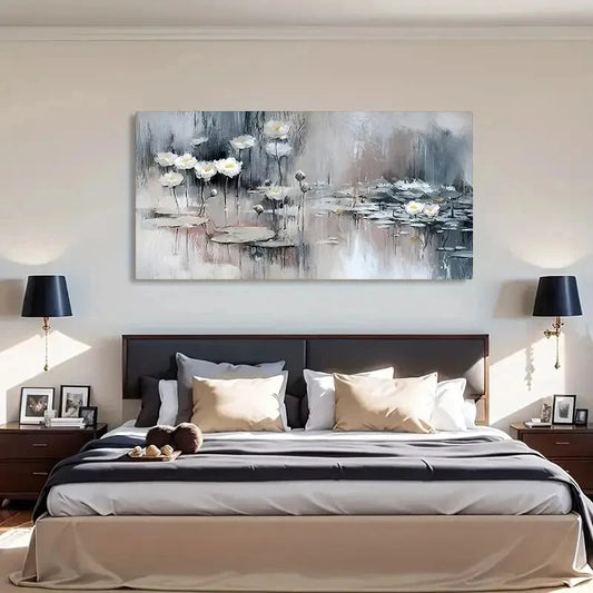 Abstract Water Lily White Gray Wall Art Canvas Office Home Room Framed 120x60cm