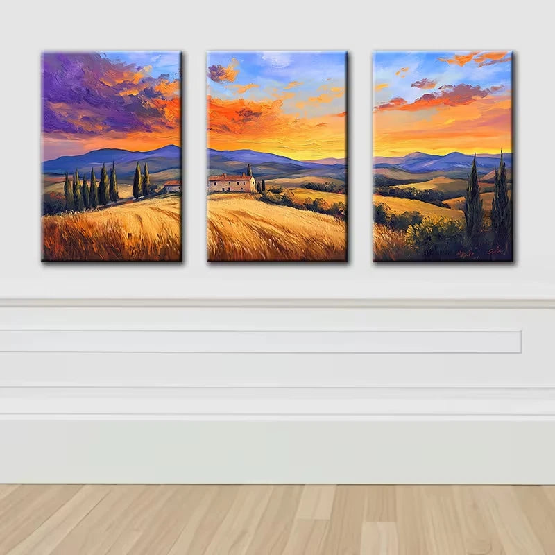 3pcs Sunset Fields Illustration Wall Art Set Canvas Framed 40x60cm - High Quality Print 100% Australian Made Wall Canvas Ready to Hang