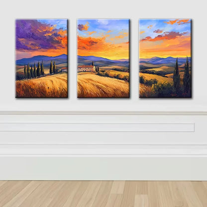 3pcs Sunset Fields Illustration Wall Art Set Canvas Framed 40x60cm - High Quality Print 100% Australian Made Wall Canvas Ready to Hang