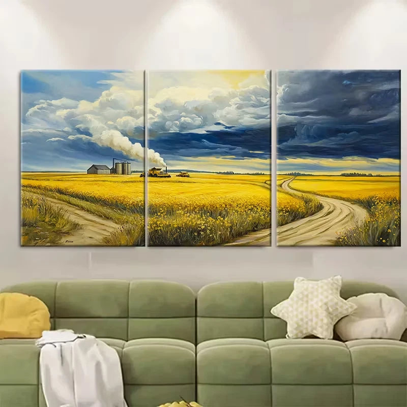 3pcs Golden Canola Fields Metal Print Ready to Hang Art - Bella Home Decor