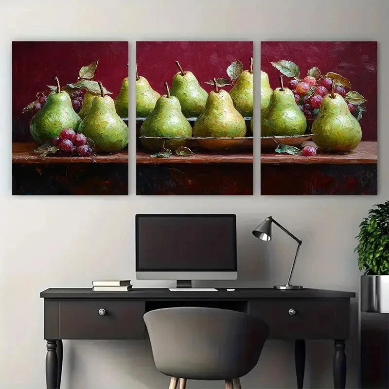3pcs Life of Green Pears on a Maroon Background Wall Art Set Canvas Framed 50x70cm - High Quality Print 100% Australian Made Wall Canvas Ready to Hang - Bella Home Decor