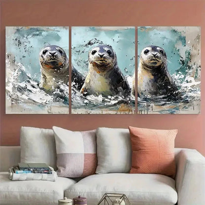 3pcs Seal Painting Sea Animal Illustration Wall Art Set Canvas Framed 50x70cm - High Quality Print 100% Australian Made Wall Canvas Ready to Hang