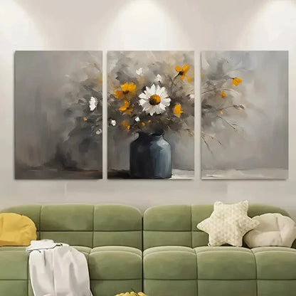 3pcs Wildflowers In A Vase Still Life Neutral Metal Print Ready to Hang Art