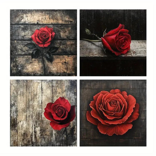 4pcs Red Rose Floral Pattern  Wall Art Canvas Framed
