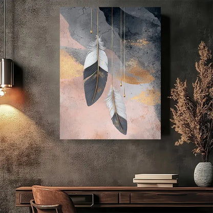 Beautiful Golden Feathers Abstract Painting 40x60cm Metal Print Ready to Hang - Bella Home Decor