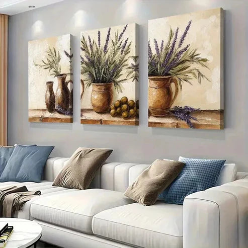 3pcs Lavender And Olive In Rustic Vases Wall Art Set Canvas Unframed - High Quality Print 100% Australian Made Wall Canvas