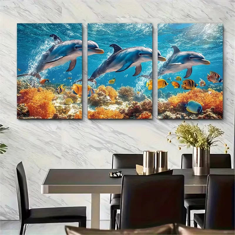 3pcs Dolphins Swimming with Tropical Fish Metal Print Ready to Hang Art - Bella Home Decor