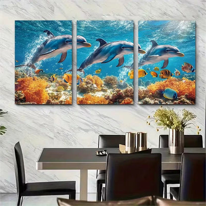 3pcs Dolphins Swimming with Tropical Fish Metal Print Ready to Hang Art - Bella Home Decor