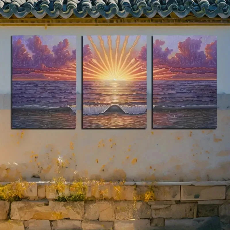 3pcs Vibrant Ocean Wave with Sunrise Illustration Metal Print Ready to Hang Art