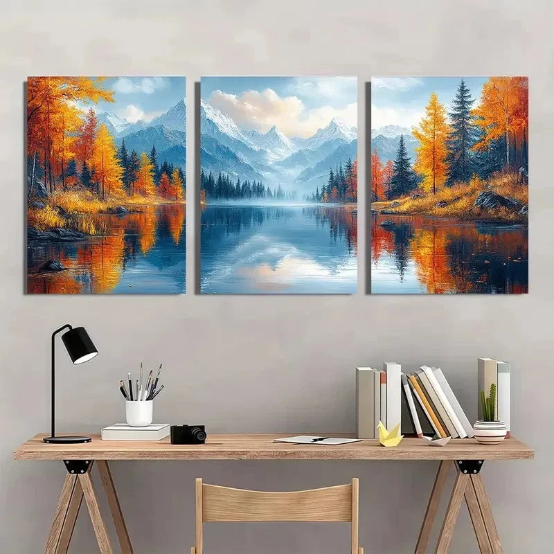 3pcs Autumn Scenery with Snow-Capped Peaks Metal Print Ready to Hang Art - Bella Home Decor