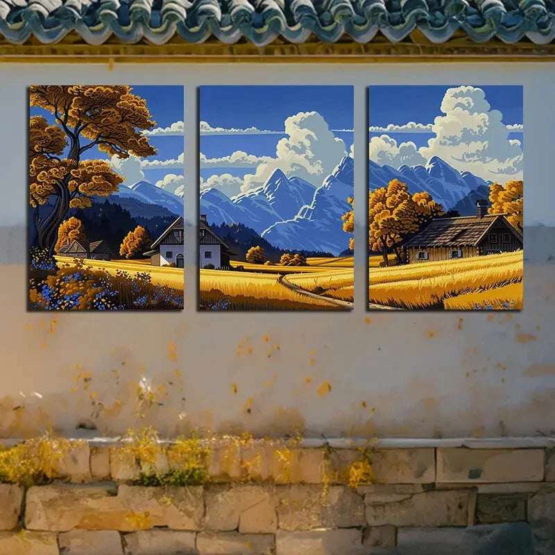 3pcs Villages Under The Mountains Metal Print Ready to Hang Art - Bella Home Decor