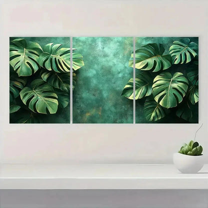 3pcs Minimalist Sage Green Monstera Leaf Metal Print Ready to Hang Art - Bella Home Decor